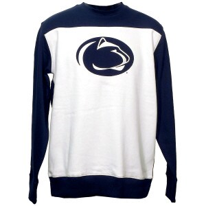 navy and white color block long sleeve crew sweatshirt with Penn State Athletic Logo